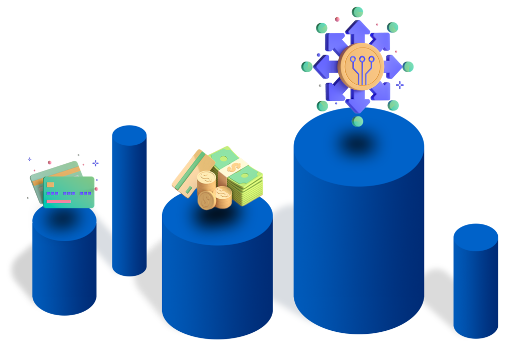 5 Blue Cylinders of varying sizes with 3d money and debit/credit card graphics