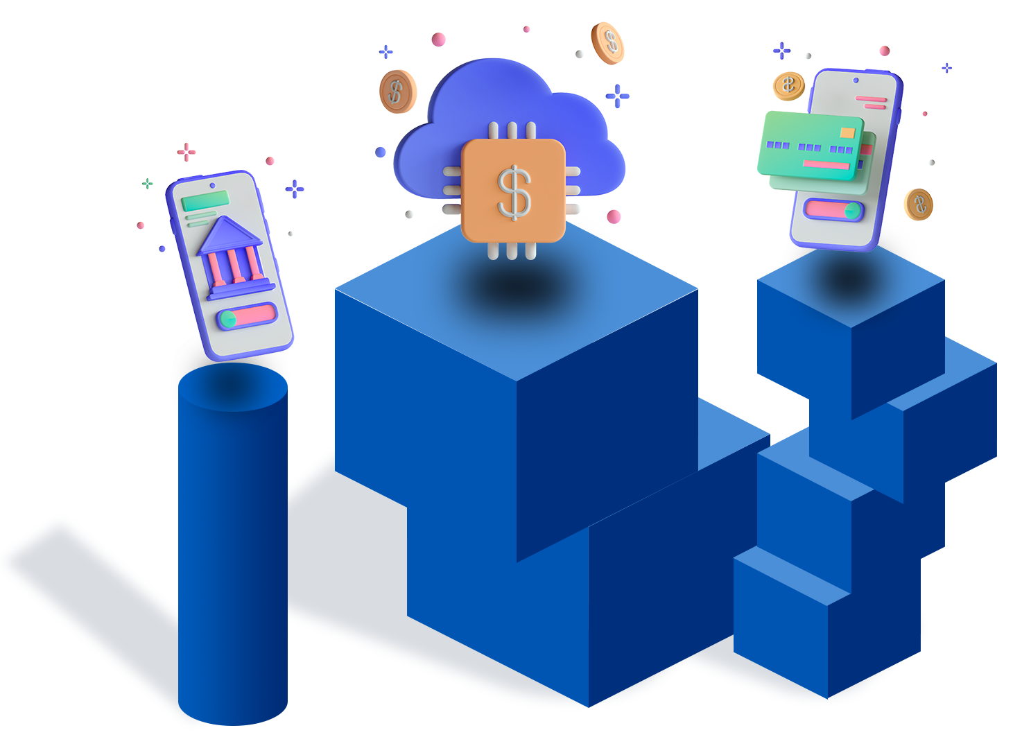 1 blue cylinder, two stacked big blue cubes, and four haphazardly stacked blue cubes, hovering above is online currency graphic in the middle and two online banking phone graphics on either side