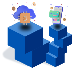 Two stacked big blue cubes, and four haphazardly stacked blue cubes, hovering above is online currency graphic in the middle and an online banking phone graphic