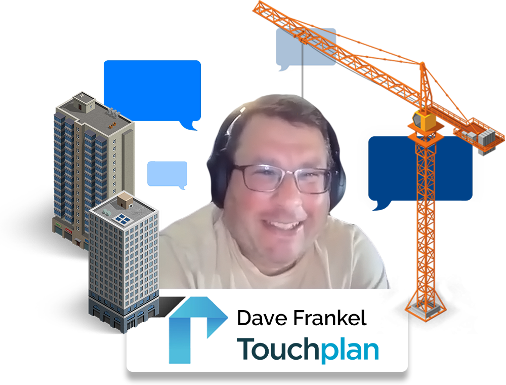 Image of podcast guest surrounded by speech bubbles, buildings on the left and an orange crane on the right