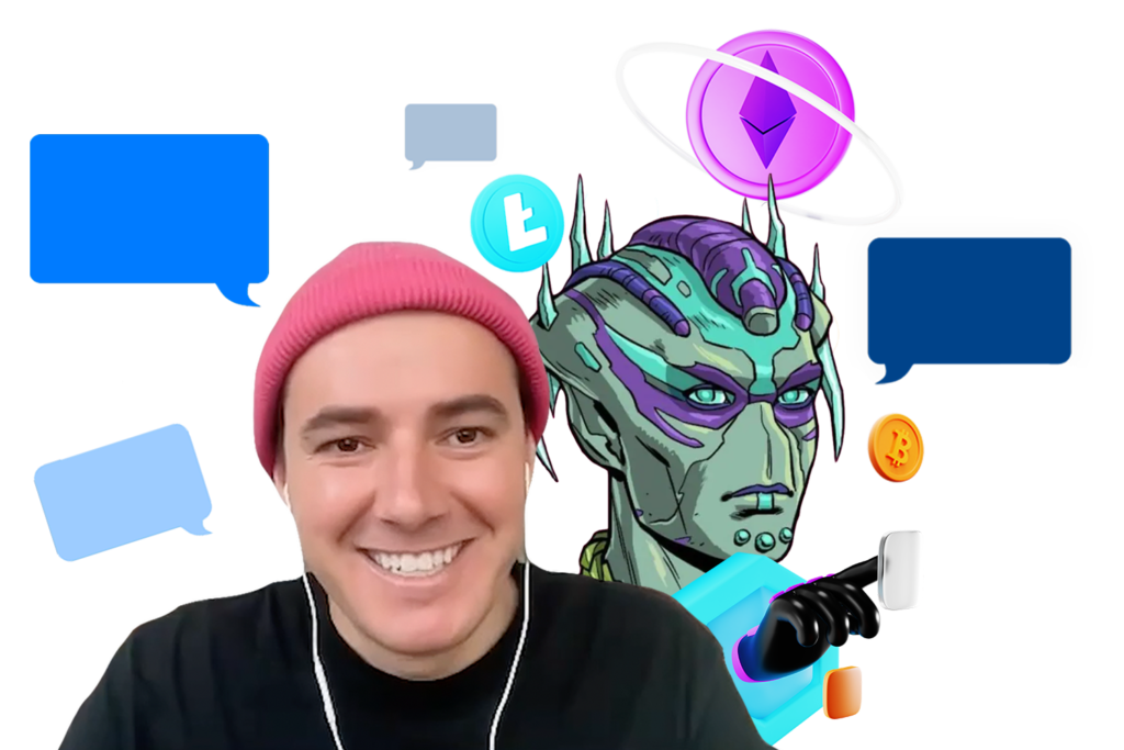 Image of podcast guest, his avatar, floating bitcoin and blue speech bubbles