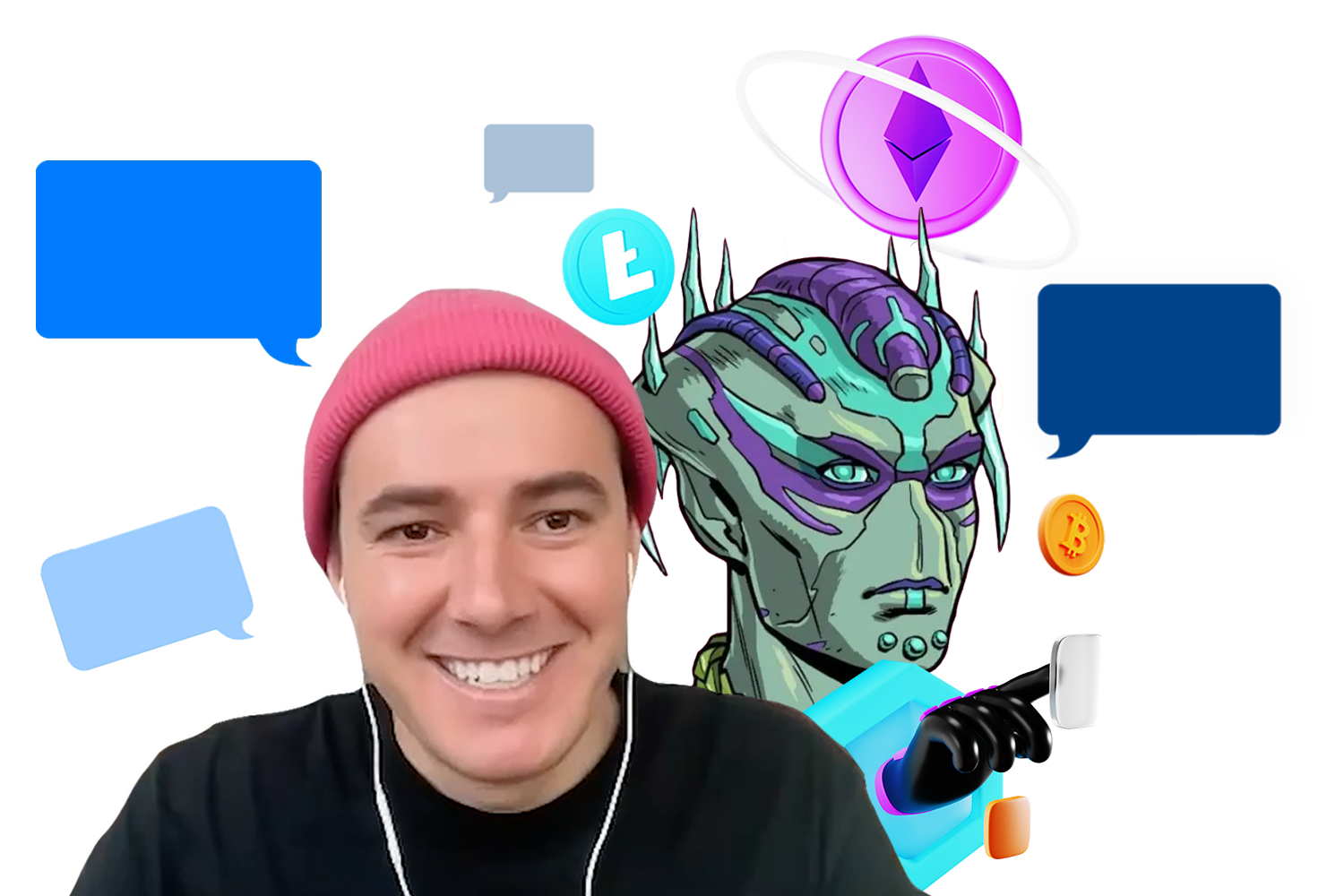 Image of podcast guest, his avatar, floating bitcoin and blue speech bubbles